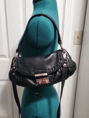 M By Madonna Black Leather Shoulder Bag with Silver-Tone Hardware